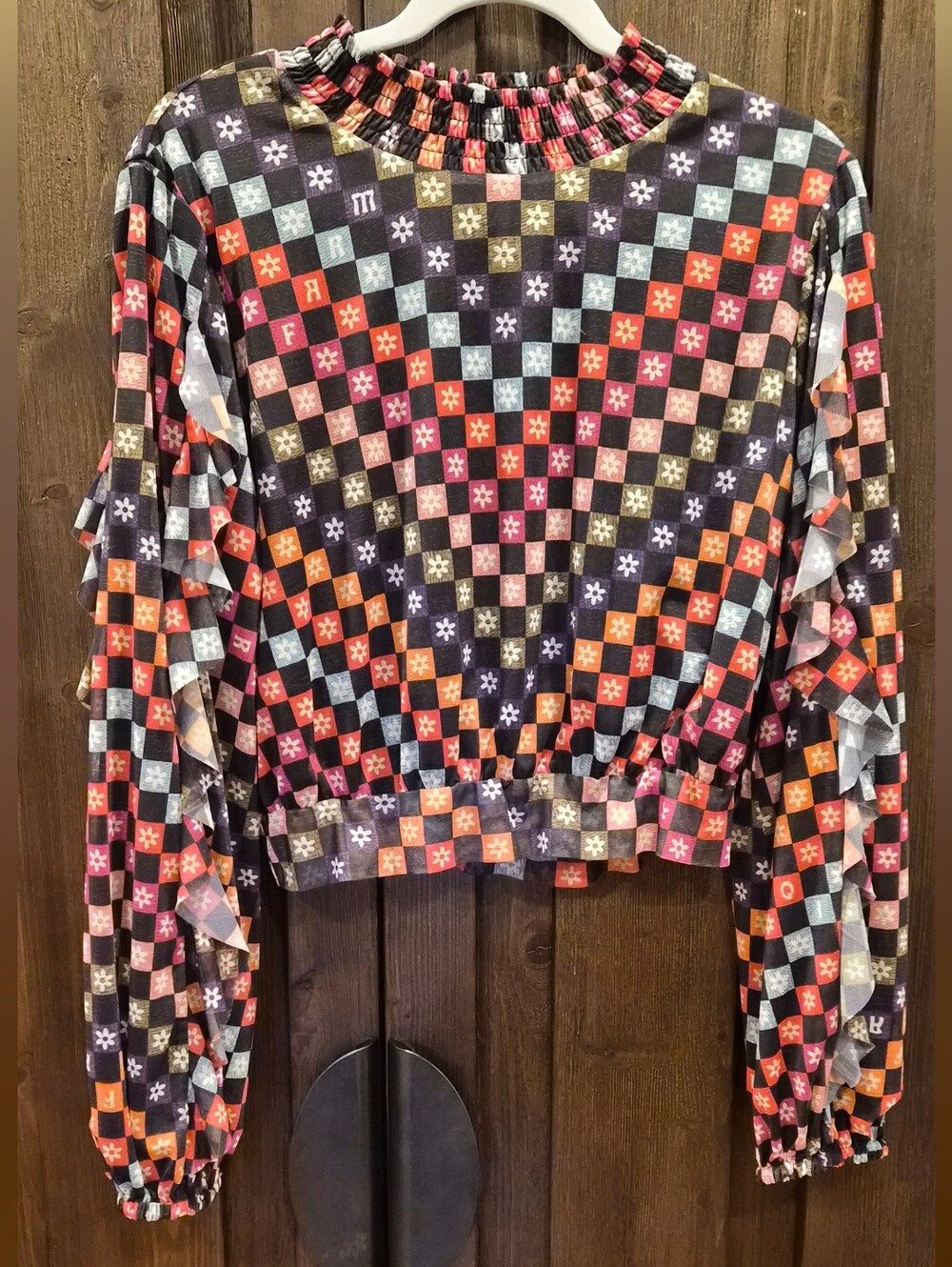 Farm Rio Women's Multicolor Checkered Long-Sleeve Top - Smocked Neck